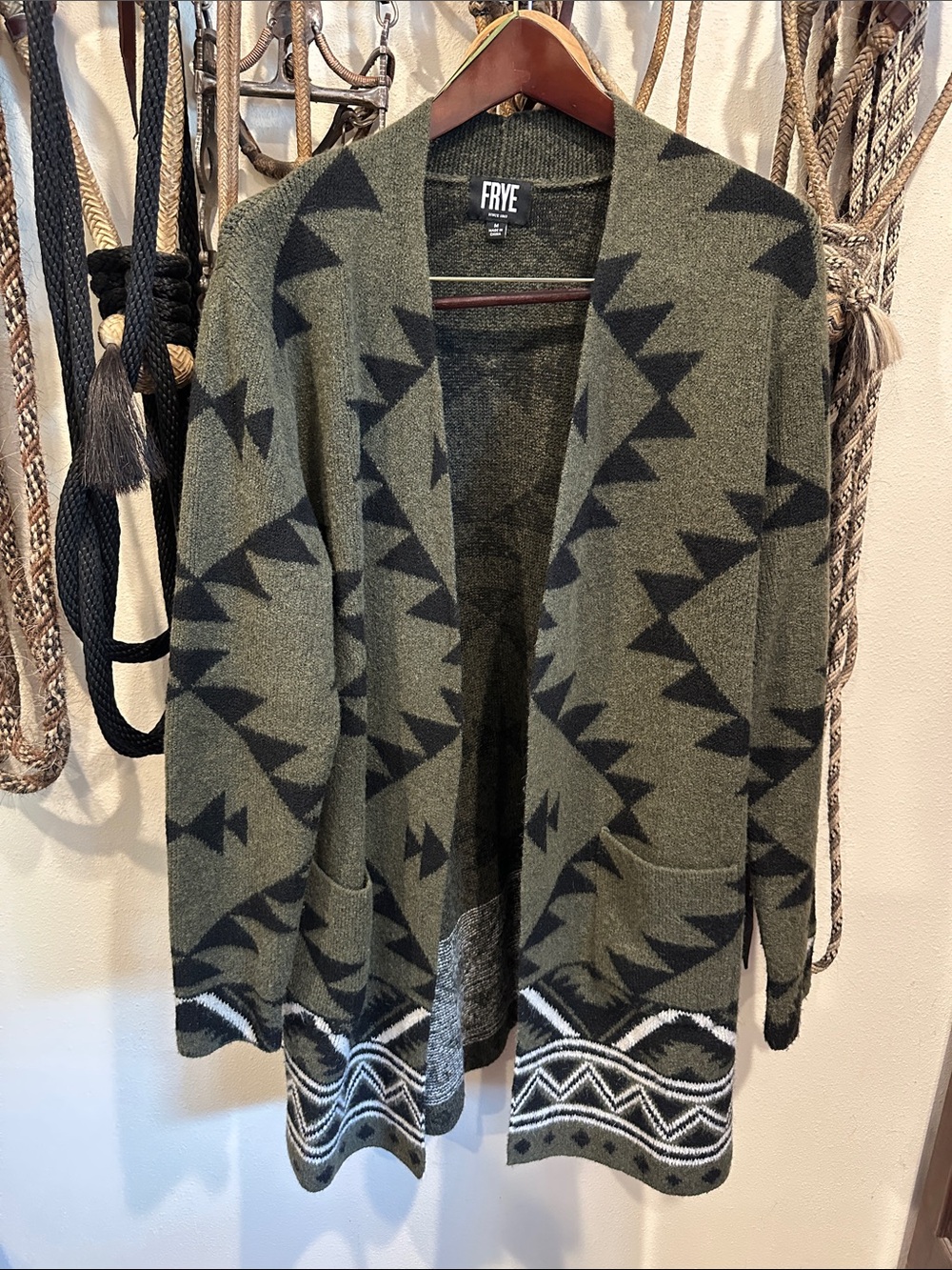 Frye Olive Green and Black Aztec Open Cardigan